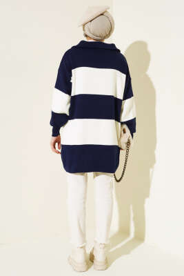 Kalın Çizgili Yarım Fermuarlı Triko Tunik Lacivert - Triko Tunik