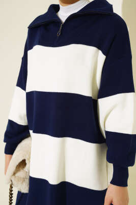 Kalın Çizgili Yarım Fermuarlı Triko Tunik Lacivert - Triko Tunik