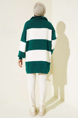 Kalın Çizgili Yarım Fermuarlı Triko Tunik Nefti - Triko Tunik