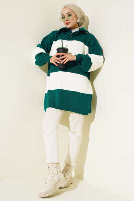 Kalın Çizgili Yarım Fermuarlı Triko Tunik Nefti - Triko Tunik