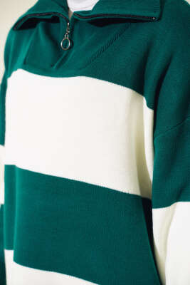 Kalın Çizgili Yarım Fermuarlı Triko Tunik Nefti - Triko Tunik