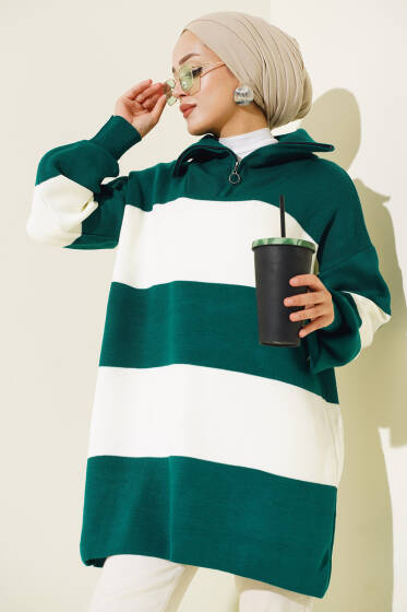 Kalın Çizgili Yarım Fermuarlı Triko Tunik Nefti - Tunik