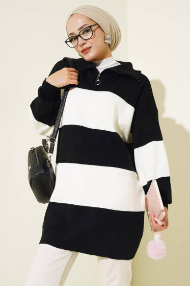 Kalın Çizgili Yarım Fermuarlı Triko Tunik Siyah - Spor Tunik