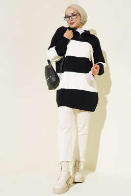 Kalın Çizgili Yarım Fermuarlı Triko Tunik Siyah - Triko Tunik