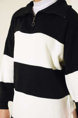 Kalın Çizgili Yarım Fermuarlı Triko Tunik Siyah - Triko Tunik