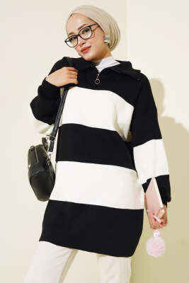 Kalın Çizgili Yarım Fermuarlı Triko Tunik Siyah 