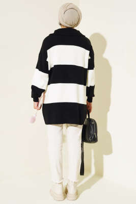 Kalın Çizgili Yarım Fermuarlı Triko Tunik Siyah - Triko Tunik