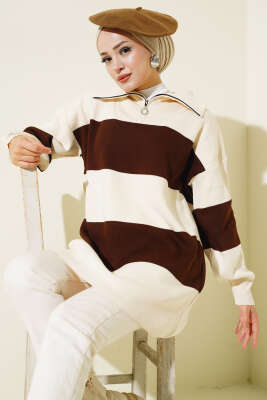 Kalın Çizgili Yarım Fermuarlı Triko Tunik Taş - Triko Tunik