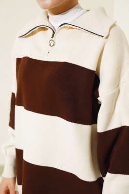 Kalın Çizgili Yarım Fermuarlı Triko Tunik Taş - Triko Tunik