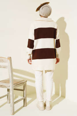 Kalın Çizgili Yarım Fermuarlı Triko Tunik Taş - Triko Tunik