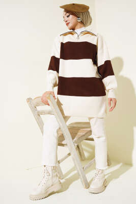 Kalın Çizgili Yarım Fermuarlı Triko Tunik Taş - Triko Tunik