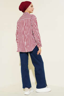 Kalın Dik Çizgili Basic Gömlek Bordo - Bayram Kombinleri