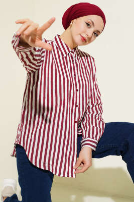 Kalın Dik Çizgili Basic Gömlek Bordo - CALİENTE