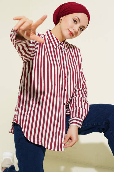 Kalın Dik Çizgili Basic Gömlek Bordo - Gömlek