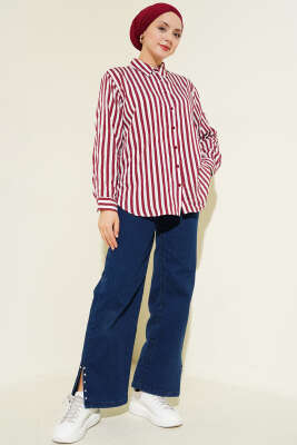 Kalın Dik Çizgili Basic Gömlek Bordo - Gömlek