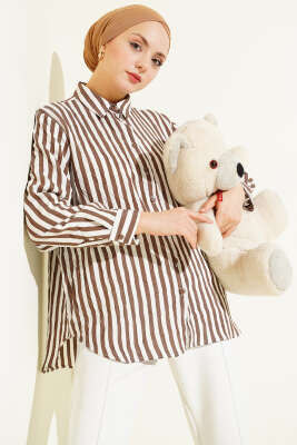 Kalın Dik Çizgili Basic Gömlek Kahve - CALİENTE