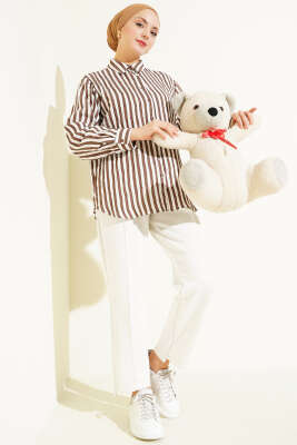 Kalın Dik Çizgili Basic Gömlek Kahve - Bayram Kombinleri