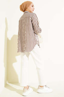 Kalın Dik Çizgili Basic Gömlek Kahve - Bayram Kombinleri