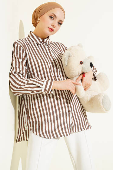 Kalın Dik Çizgili Basic Gömlek Kahve - Gömlek