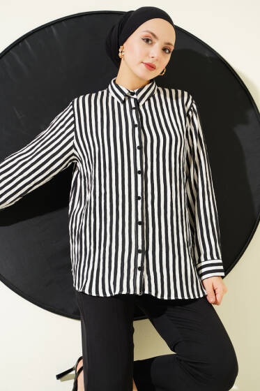 Kalın Dik Çizgili Basic Gömlek Siyah - Bayram Kombinleri