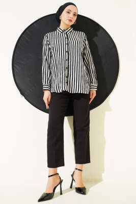 Kalın Dik Çizgili Basic Gömlek Siyah - Bayram Kombinleri