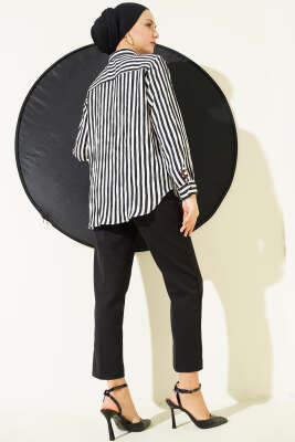 Kalın Dik Çizgili Basic Gömlek Siyah - Bayram Kombinleri