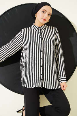 Kalın Dik Çizgili Basic Gömlek Siyah - CALİENTE