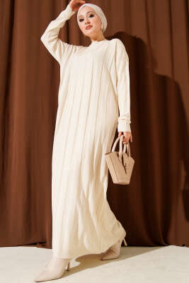 Kalın Dik Şeritli Triko Elbise Bej - NESSİA