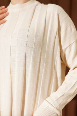 Kalın Dik Şeritli Triko Elbise Bej - Elbise