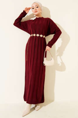 Kalın Dik Şeritli Triko Elbise Bordo - NESSİA