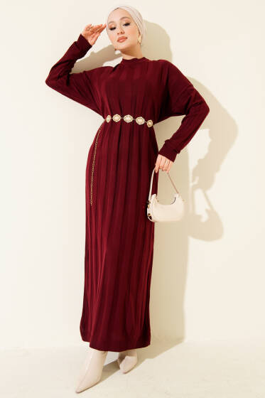 Kalın Dik Şeritli Triko Elbise Bordo - Elbise