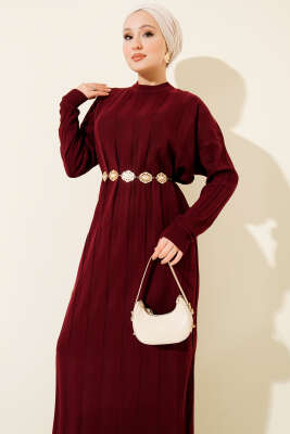 Kalın Dik Şeritli Triko Elbise Bordo - Elbise