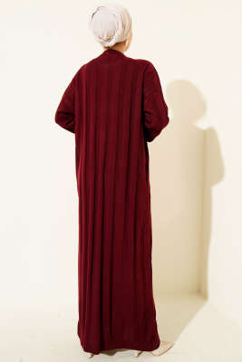 Kalın Dik Şeritli Triko Elbise Bordo - Elbise