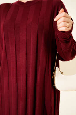 Kalın Dik Şeritli Triko Elbise Bordo - Elbise