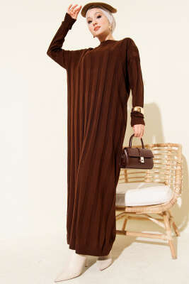 Kalın Dik Şeritli Triko Elbise Kahve - Elbise