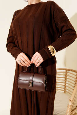 Kalın Dik Şeritli Triko Elbise Kahve - Elbise