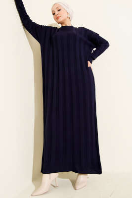 Kalın Dik Şeritli Triko Elbise Lacivert - NESSİA