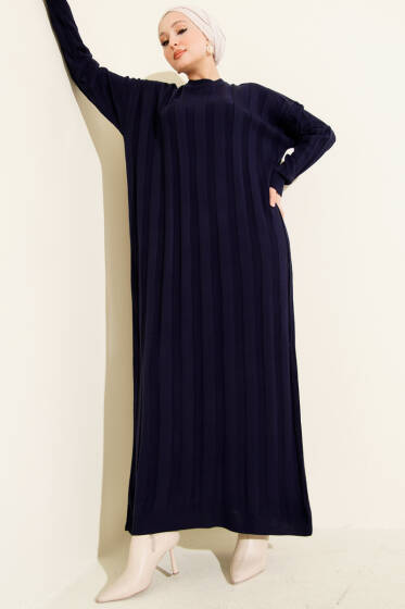 Kalın Dik Şeritli Triko Elbise Lacivert - Elbise