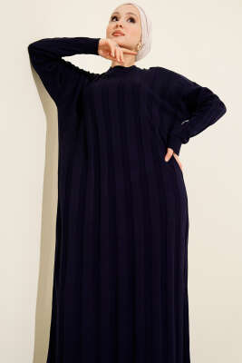 Kalın Dik Şeritli Triko Elbise Lacivert - Elbise