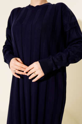 Kalın Dik Şeritli Triko Elbise Lacivert - Elbise