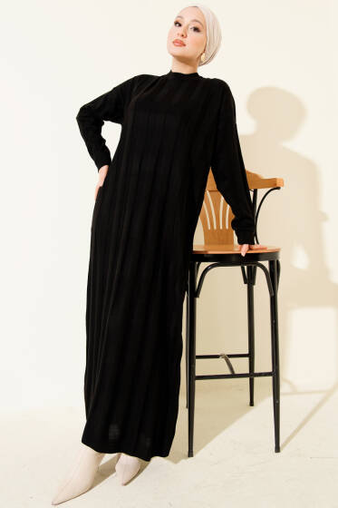 Kalın Dik Şeritli Triko Elbise Siyah - Elbise