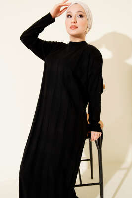 Kalın Dik Şeritli Triko Elbise Siyah - Elbise