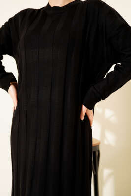 Kalın Dik Şeritli Triko Elbise Siyah - Elbise