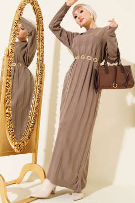 Kalın Dik Şeritli Triko Elbise Vizon - NESSİA