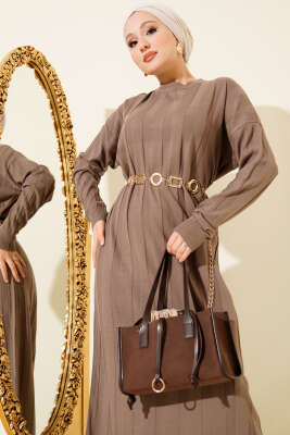 Kalın Dik Şeritli Triko Elbise Vizon - Elbise