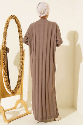 Kalın Dik Şeritli Triko Elbise Vizon - Elbise