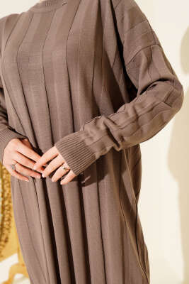 Kalın Dik Şeritli Triko Elbise Vizon - Elbise