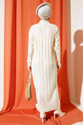 Kalın Fitilli Triko Elbise Bej - Tesettür Elbise