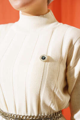 Kalın Fitilli Triko Elbise Bej - Tesettür Elbise