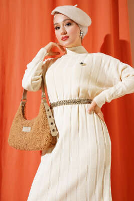 Kalın Fitilli Triko Elbise Bej - Tesettür Elbise